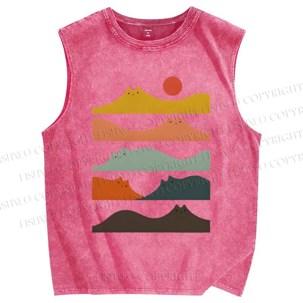 Unisex Wave Cat Printed Washed Tank Top