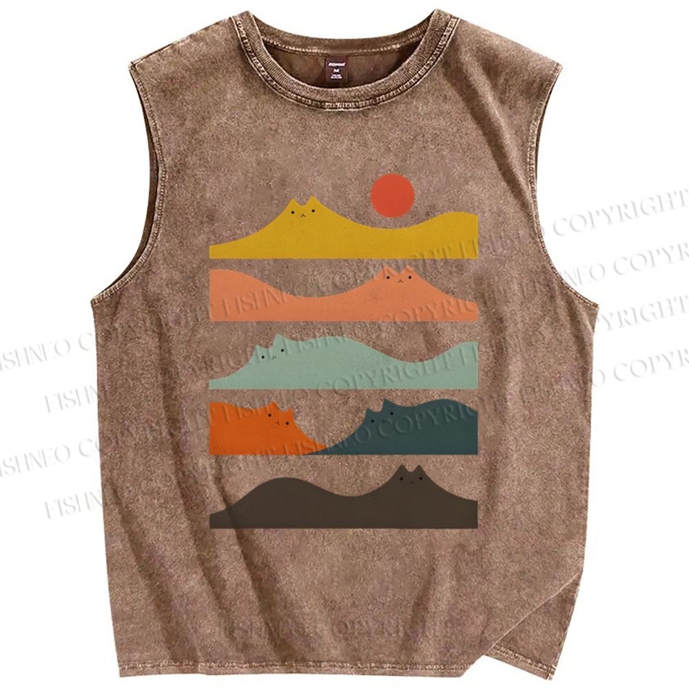 Unisex Wave Cat Printed Washed Tank Top