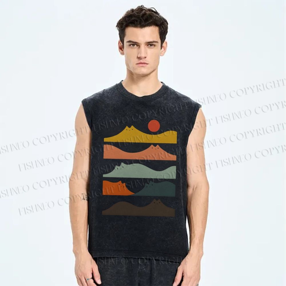 Unisex Wave Cat Printed Washed Tank Top