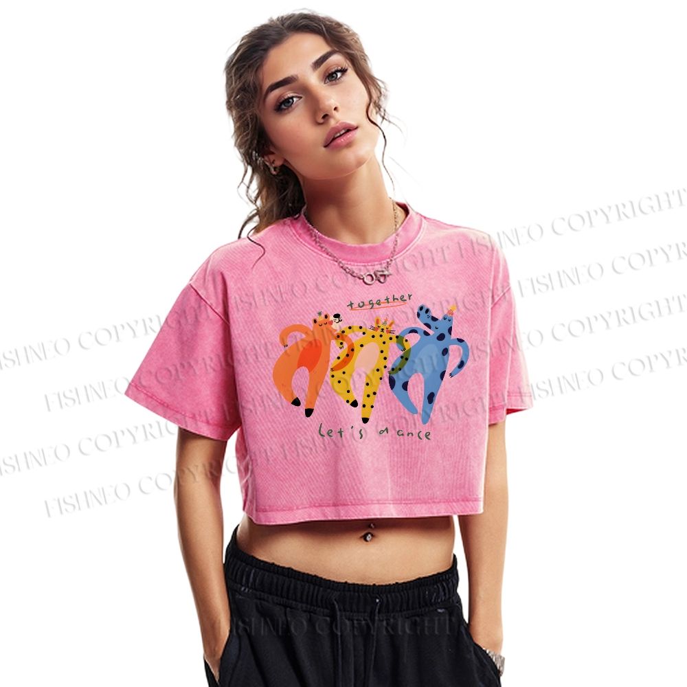 Let's Dance Together Printed Washed Cropped T-Shirt