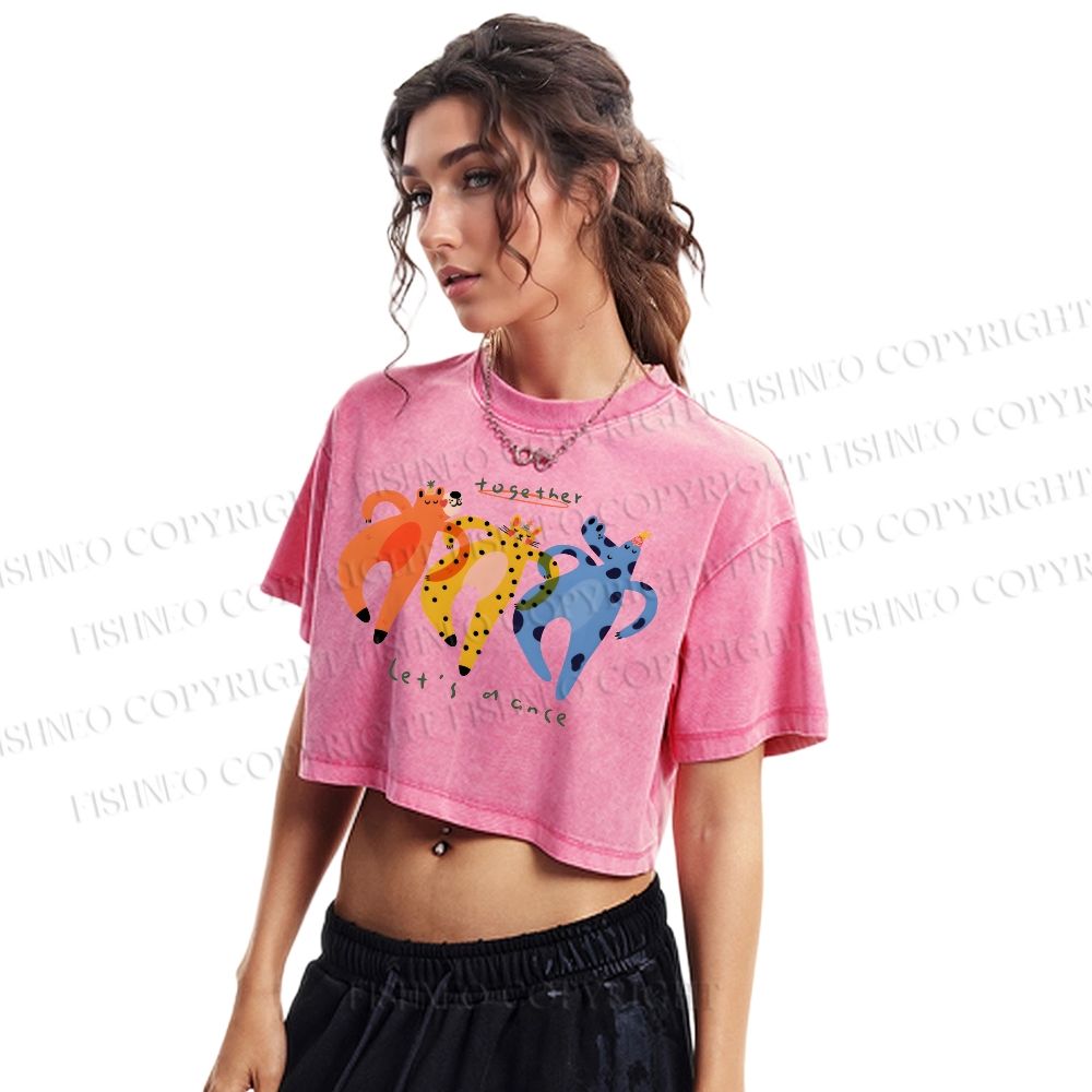 Let's Dance Together Printed Washed Cropped T-Shirt