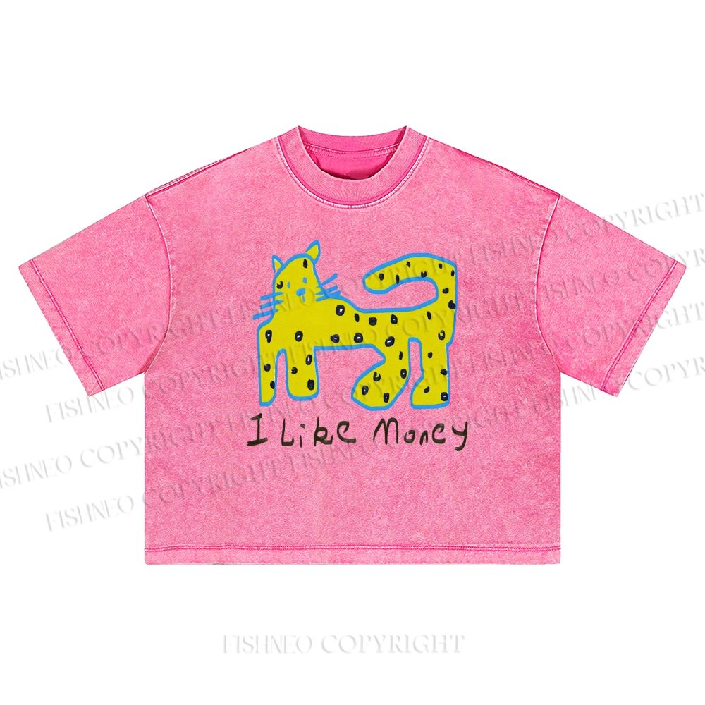 I Like Money Printed Washed Cropped T-Shirt
