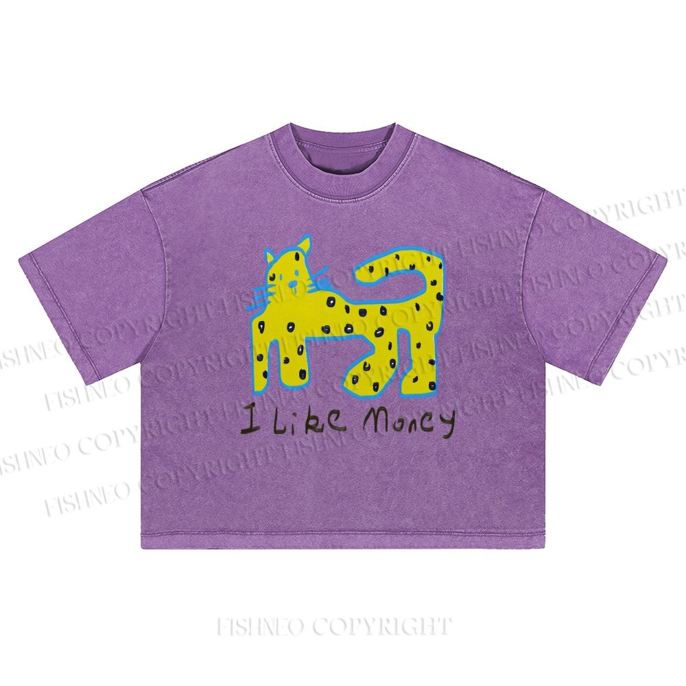 I Like Money Printed Washed Cropped T-Shirt