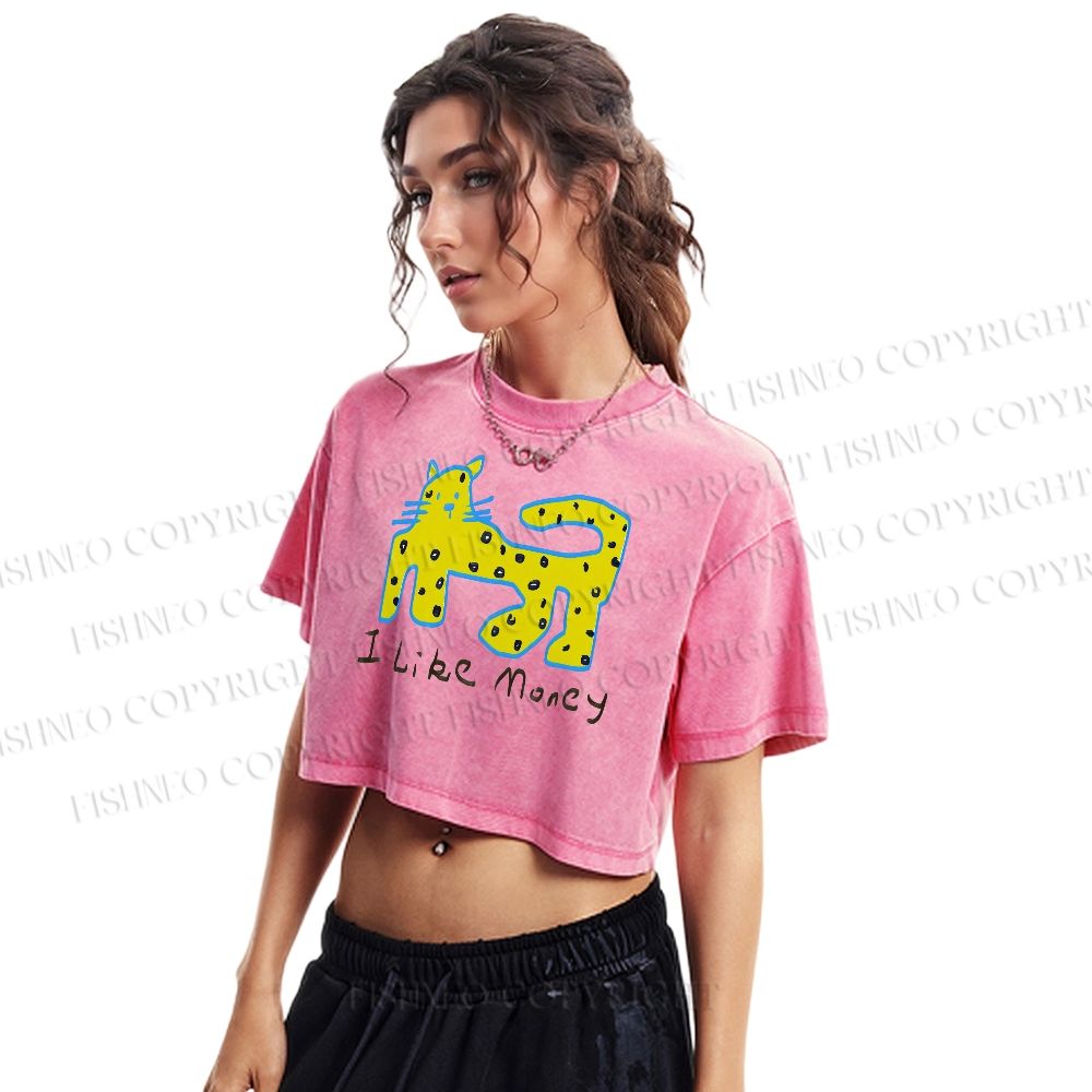 I Like Money Printed Washed Cropped T-Shirt