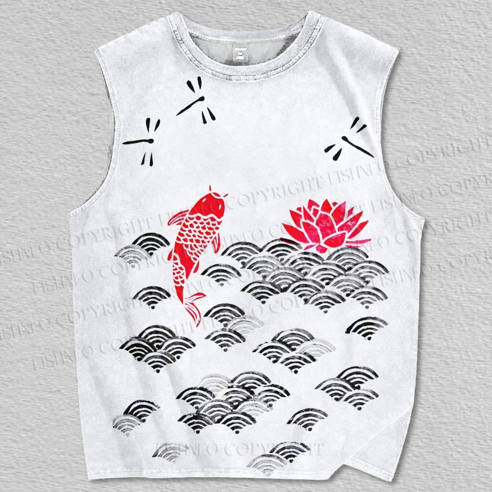 Unisex Japanese Wave Fish Printed Tank Top