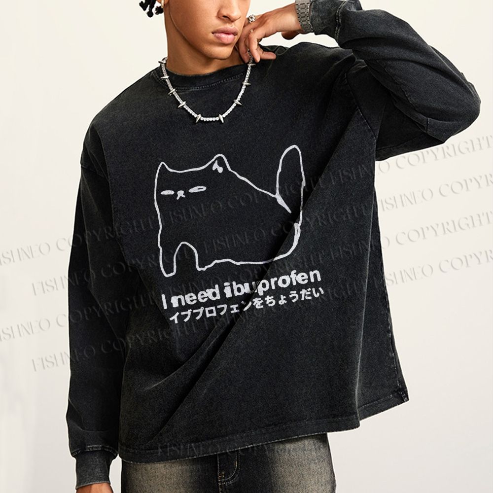 Unisex I need ibuprofen Cat Vintage Casual Washed Printed Long Sleeve T-shirt