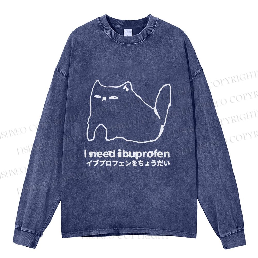 Unisex I need ibuprofen Cat Vintage Casual Washed Printed Long Sleeve T-shirt