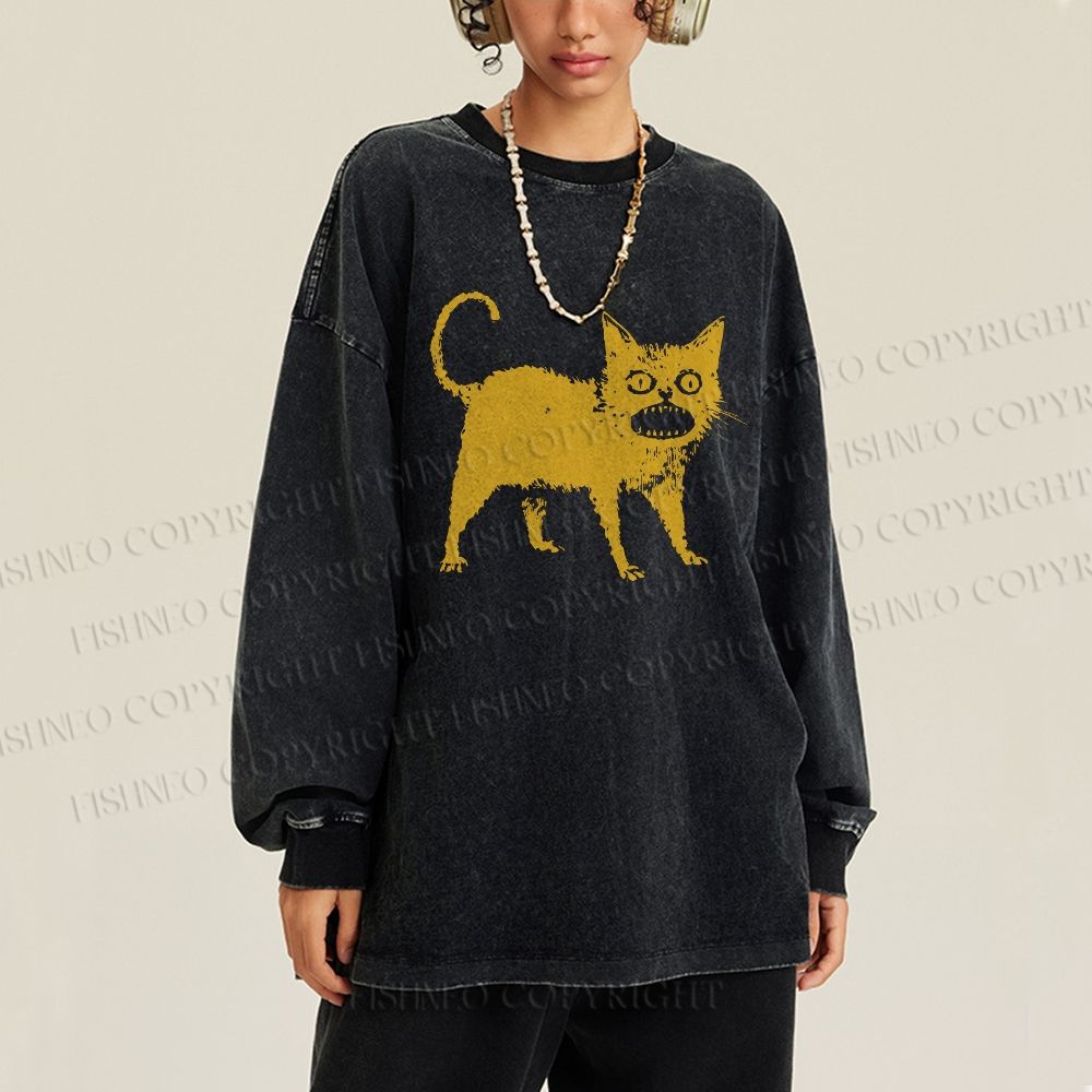 Unisex Horrible Japanese Cat Vintage Casual Washed Printed Long Sleeve T-shirt
