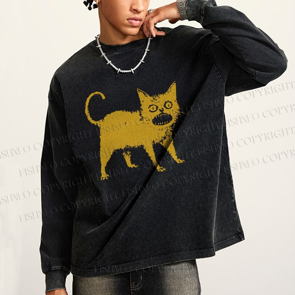 Unisex Horrible Japanese Cat Vintage Casual Washed Printed Long Sleeve T-shirt