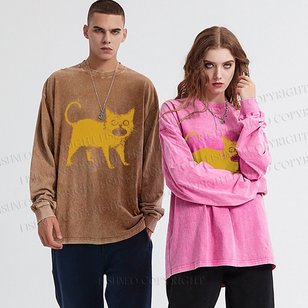 Unisex Horrible Japanese Cat Vintage Casual Washed Printed Long Sleeve T-shirt