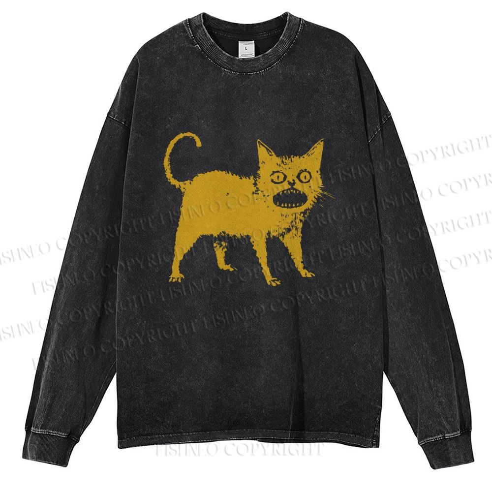 Unisex Horrible Japanese Cat Vintage Casual Washed Printed Long Sleeve T-shirt