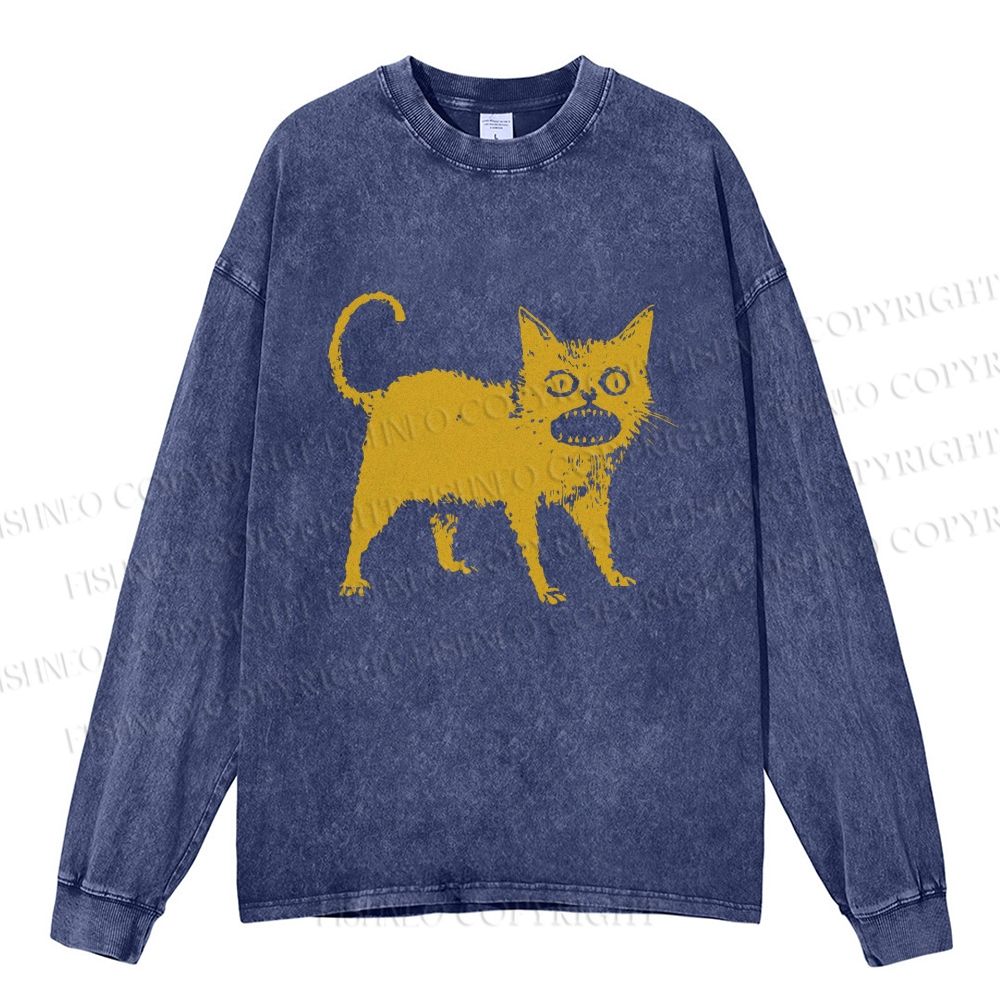 Unisex Horrible Japanese Cat Vintage Casual Washed Printed Long Sleeve T-shirt