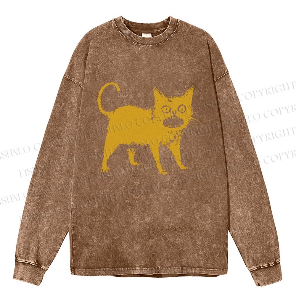 Unisex Horrible Japanese Cat Vintage Casual Washed Printed Long Sleeve T-shirt
