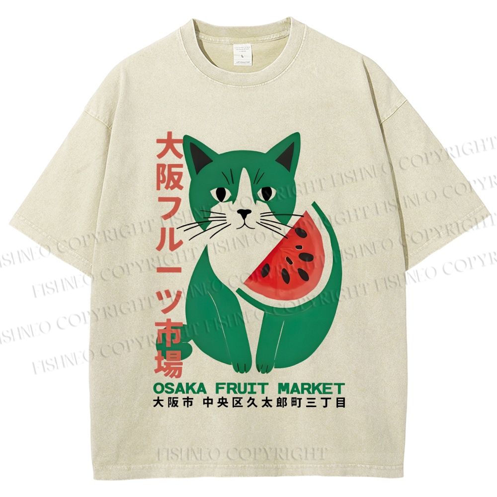 Unisex Vintage Japanese Osaka Fruit Market Cat Printed Washed Tee