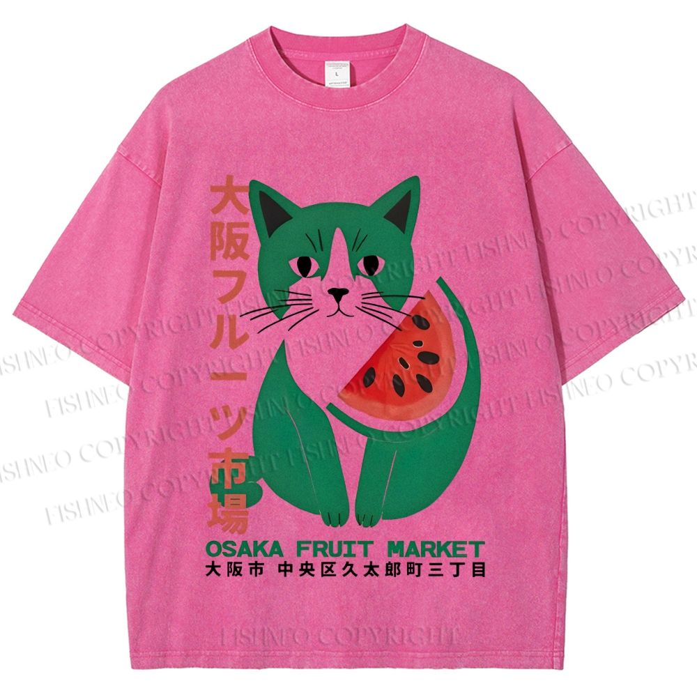 Unisex Vintage Japanese Osaka Fruit Market Cat Printed Washed Tee