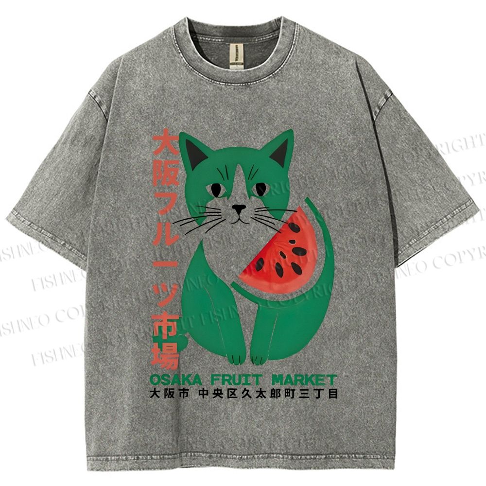 Unisex Vintage Japanese Osaka Fruit Market Cat Printed Washed Tee