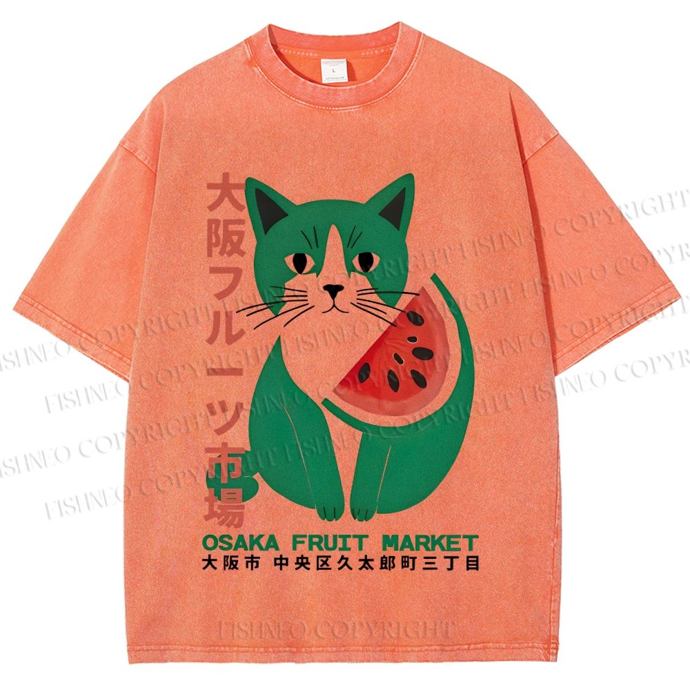 Unisex Vintage Japanese Osaka Fruit Market Cat Printed Washed Tee