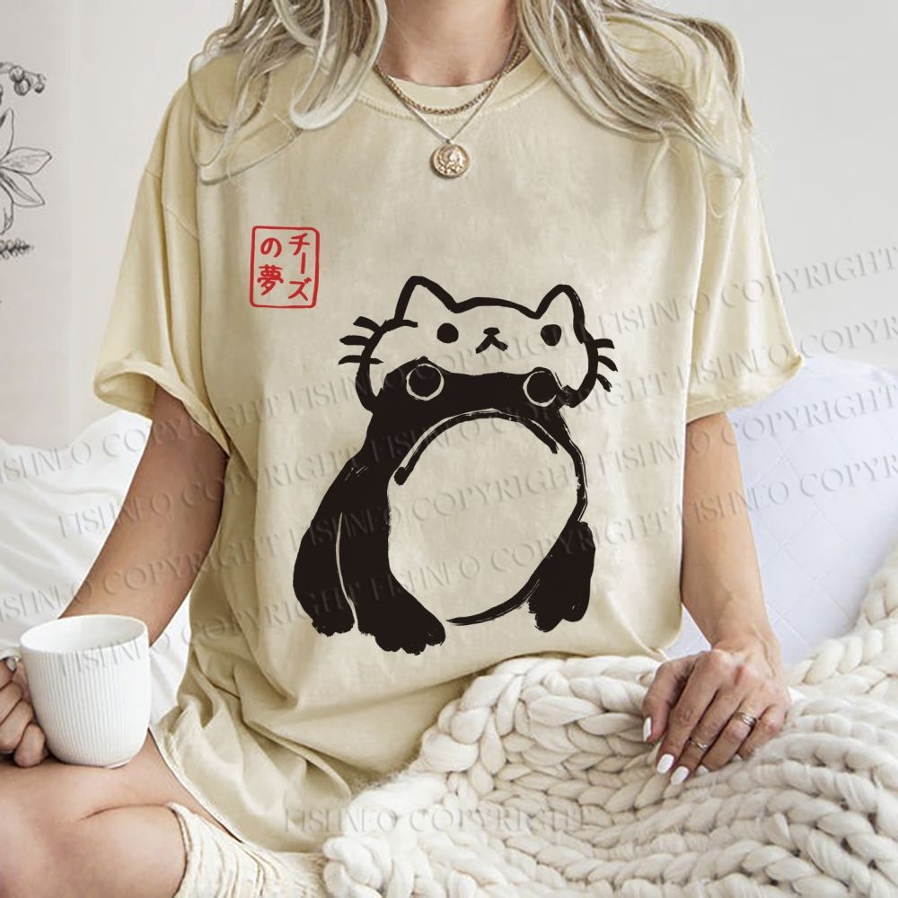 Unisex Japanese Silly Frog Cat Printed Washed Tee