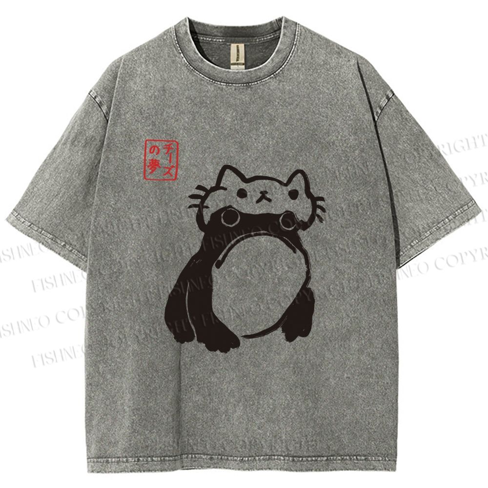 Unisex Japanese Silly Frog Cat Printed Washed Tee