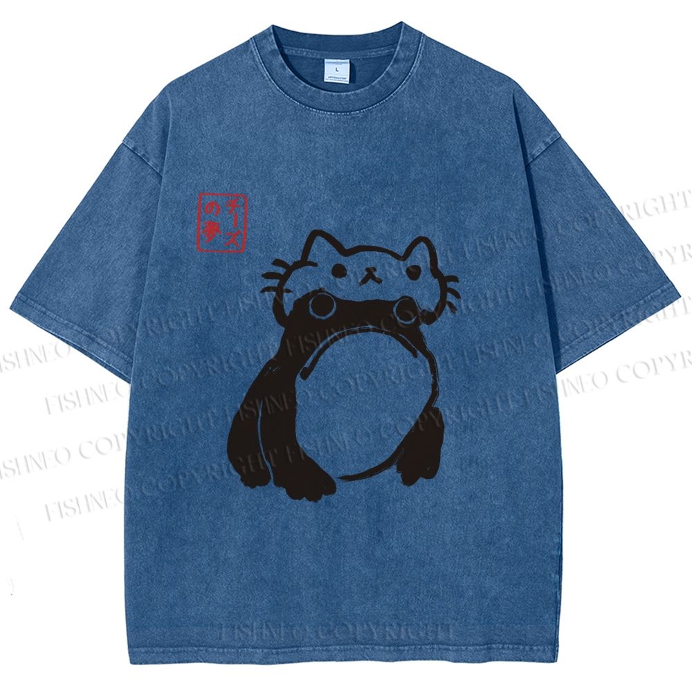 Unisex Japanese Silly Frog Cat Printed Washed Tee