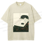Unisex Cute Cat Graffiti Printed Washed Tee