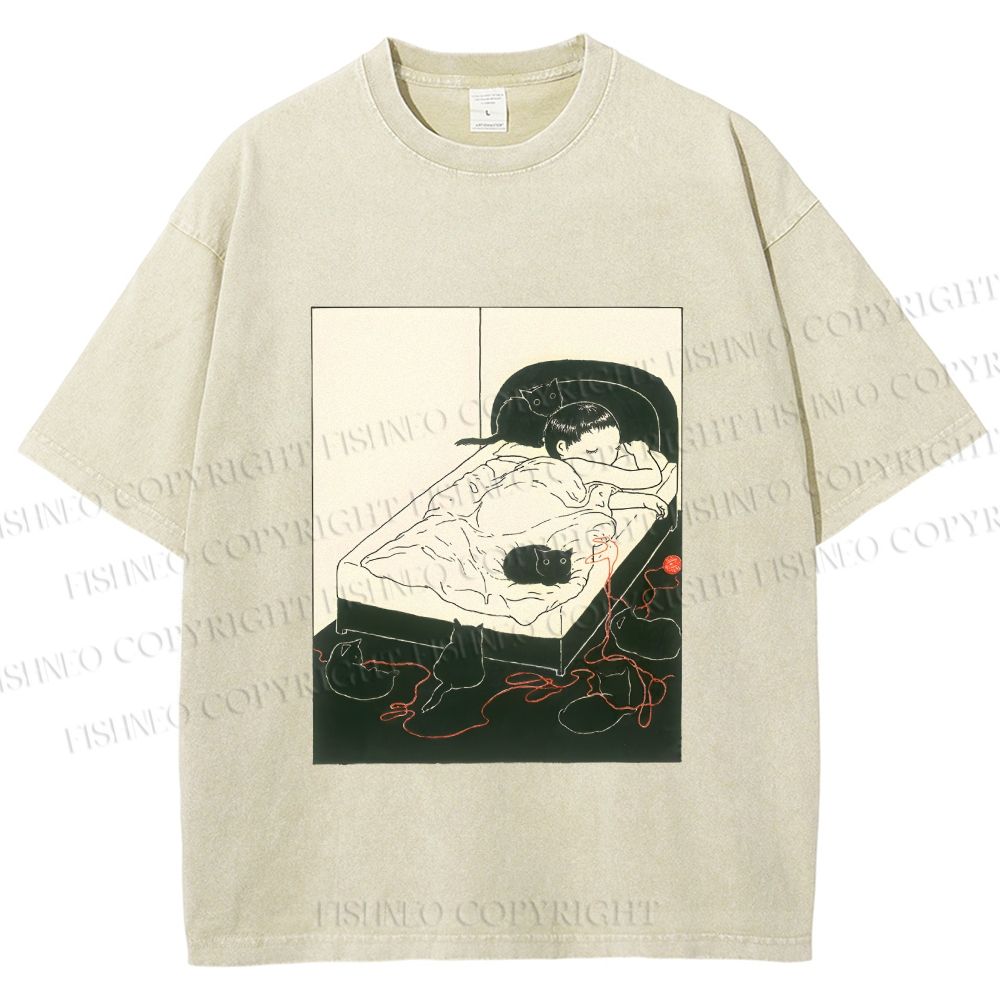 Unisex Cute Cat Graffiti Printed Washed Tee