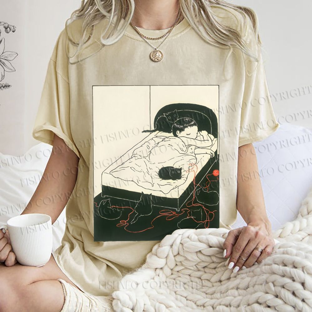 Unisex Cute Cat Graffiti Printed Washed Tee
