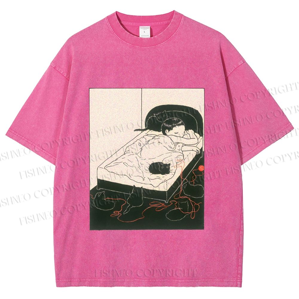 Unisex Cute Cat Graffiti Printed Washed Tee