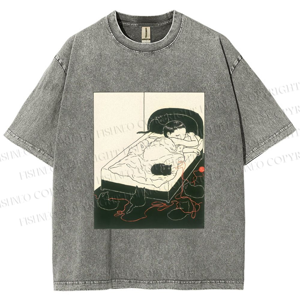 Unisex Cute Cat Graffiti Printed Washed Tee