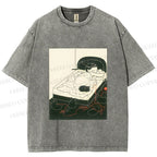Unisex Cute Cat Graffiti Printed Washed Tee