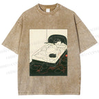 Unisex Cute Cat Graffiti Printed Washed Tee