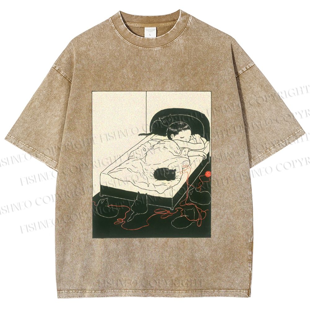 Unisex Cute Cat Graffiti Printed Washed Tee