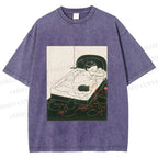 Unisex Cute Cat Graffiti Printed Washed Tee