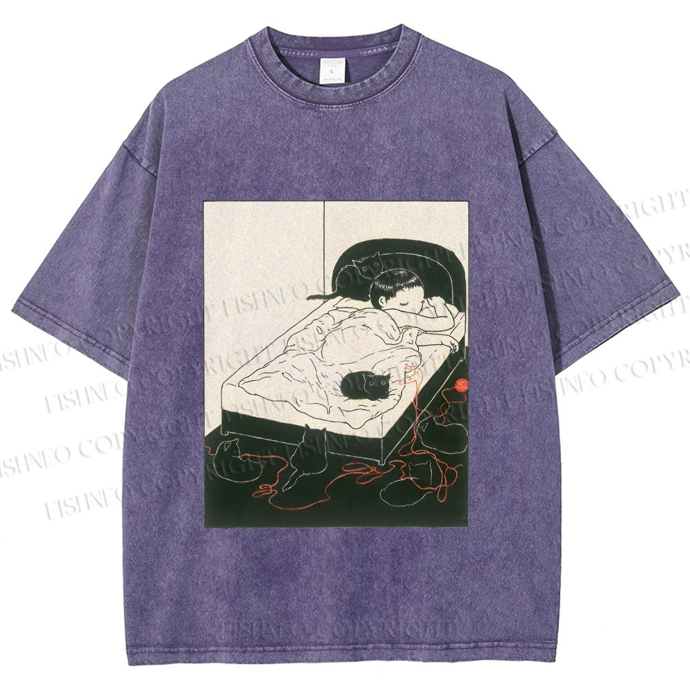 Unisex Cute Cat Graffiti Printed Washed Tee