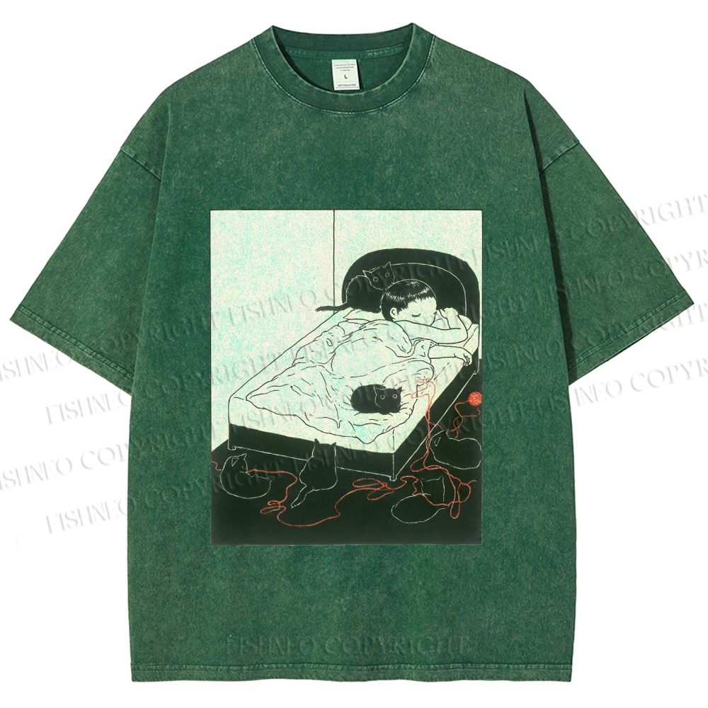 Unisex Cute Cat Graffiti Printed Washed Tee