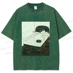 Unisex Cute Cat Graffiti Printed Washed Tee