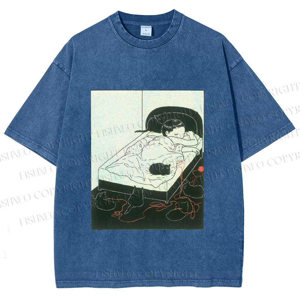 Unisex Cute Cat Graffiti Printed Washed Tee