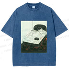 Unisex Cute Cat Graffiti Printed Washed Tee