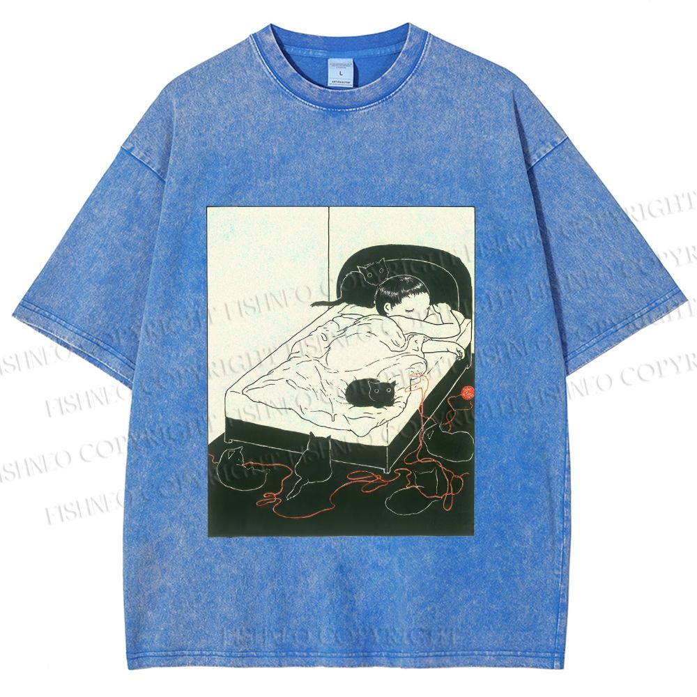 Unisex Cute Cat Graffiti Printed Washed Tee