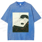 Unisex Cute Cat Graffiti Printed Washed Tee