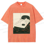 Unisex Cute Cat Graffiti Printed Washed Tee
