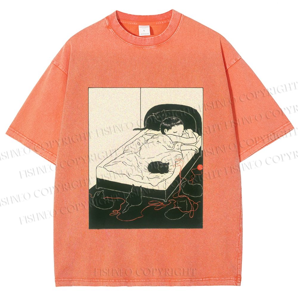 Unisex Cute Cat Graffiti Printed Washed Tee
