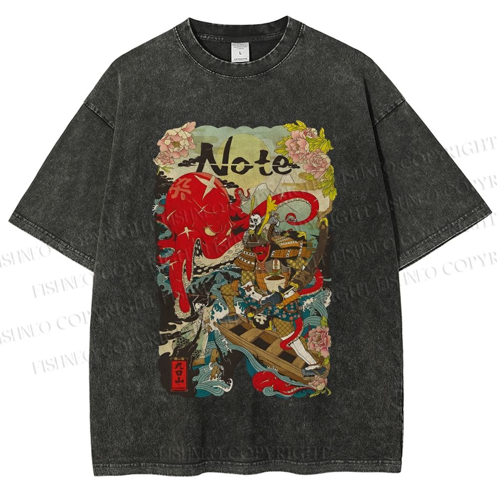 Unisex Vintage Japanese Octopus Graffiti Printed Washed Tee