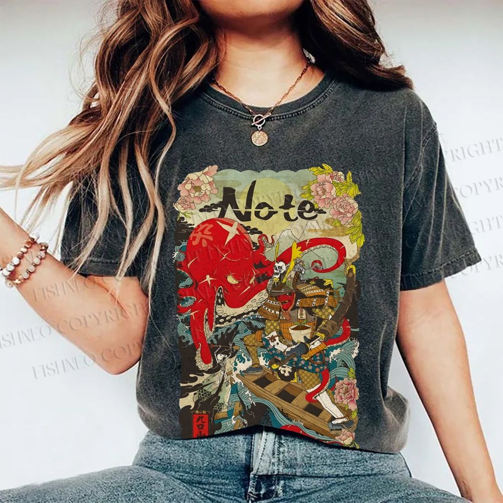 Unisex Vintage Japanese Octopus Graffiti Printed Washed Tee