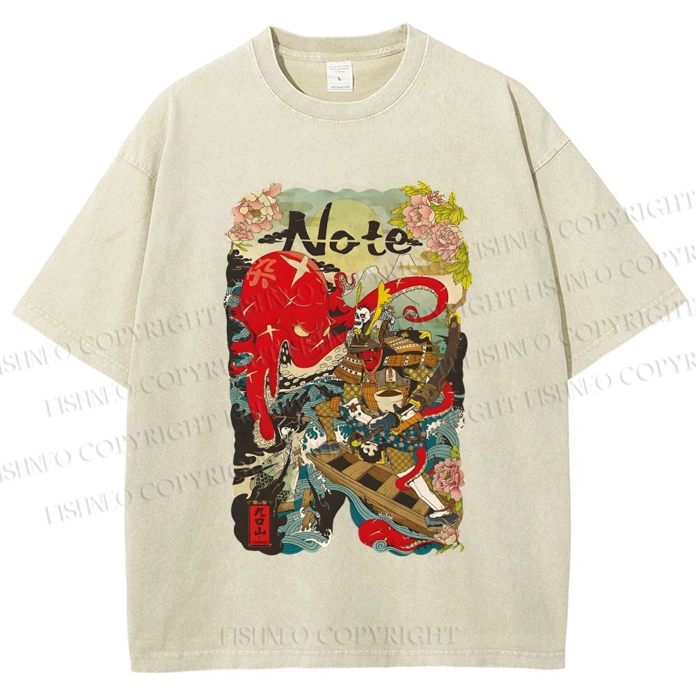Unisex Vintage Japanese Octopus Graffiti Printed Washed Tee