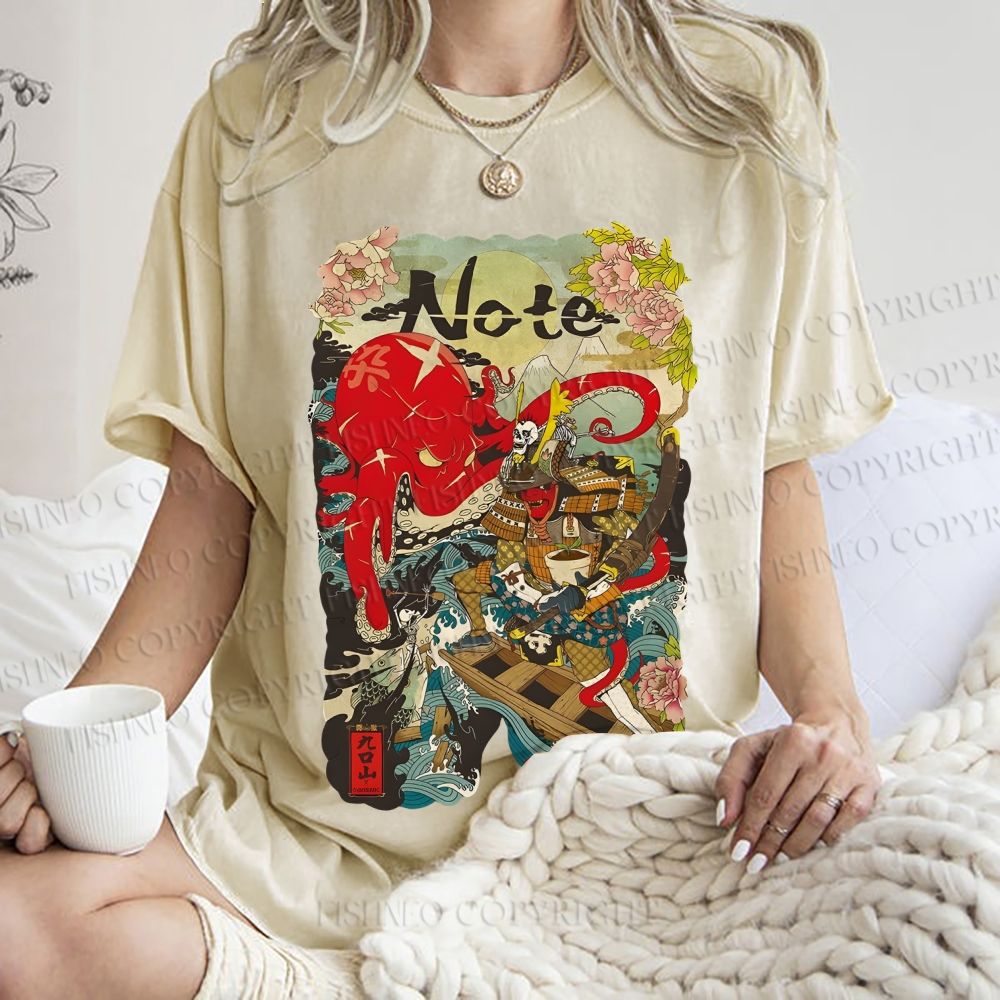 Unisex Vintage Japanese Octopus Graffiti Printed Washed Tee
