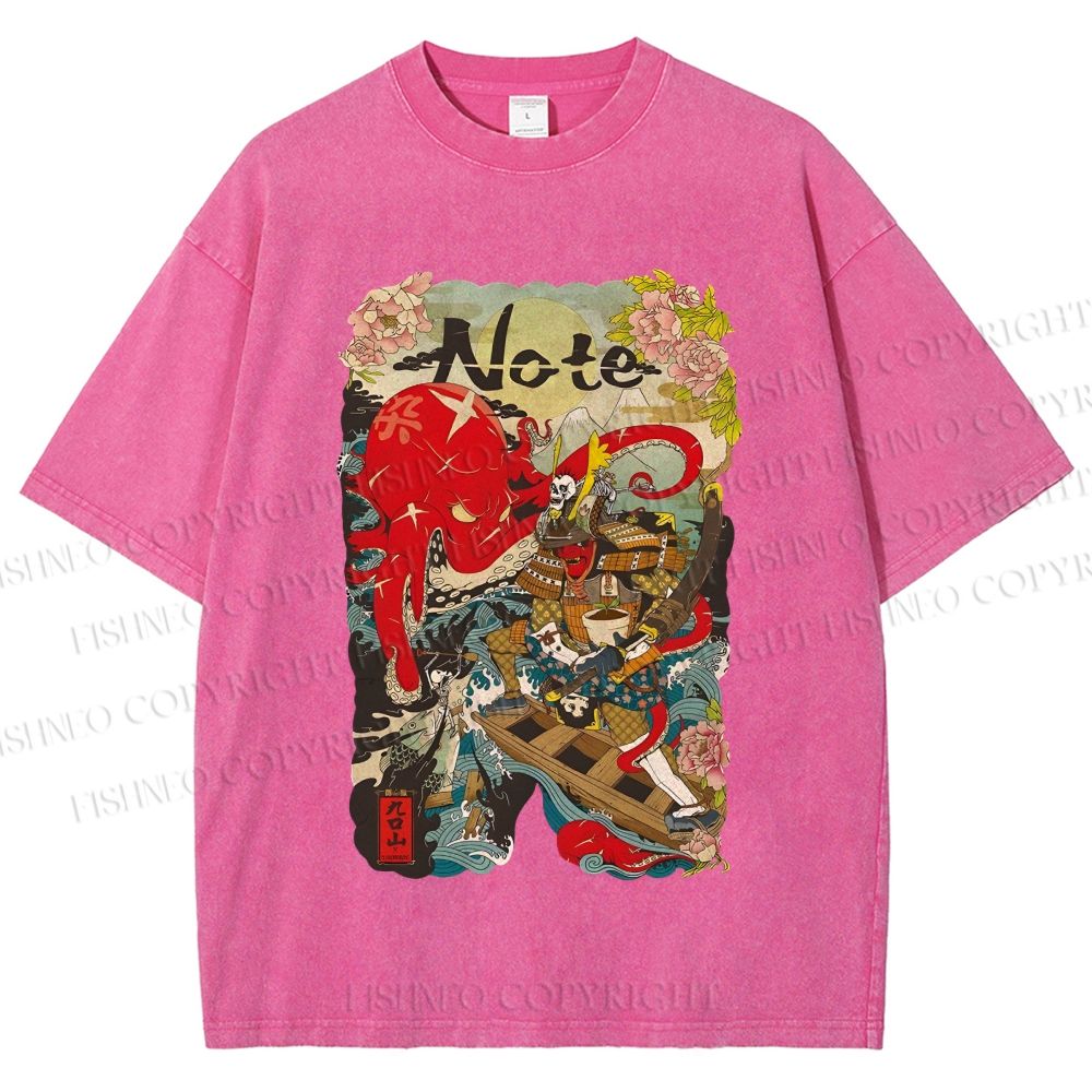 Unisex Vintage Japanese Octopus Graffiti Printed Washed Tee