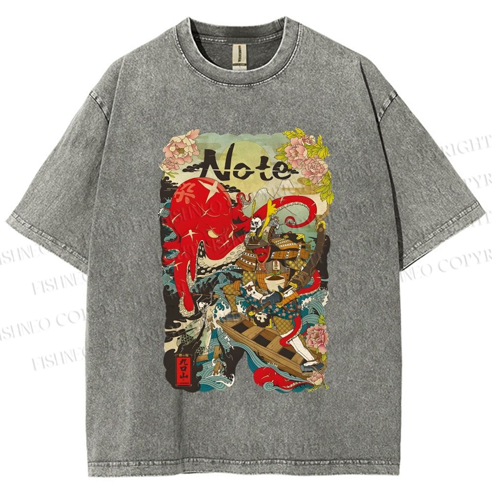 Unisex Vintage Japanese Octopus Graffiti Printed Washed Tee