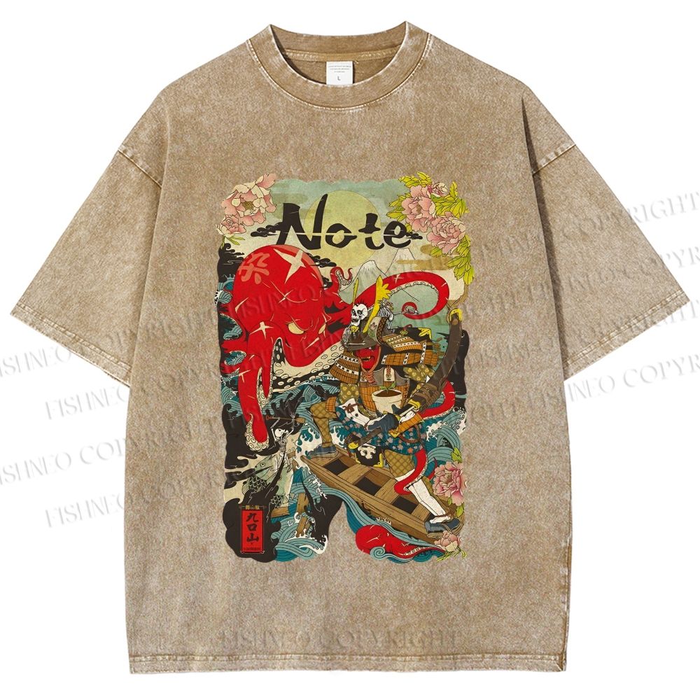 Unisex Vintage Japanese Octopus Graffiti Printed Washed Tee