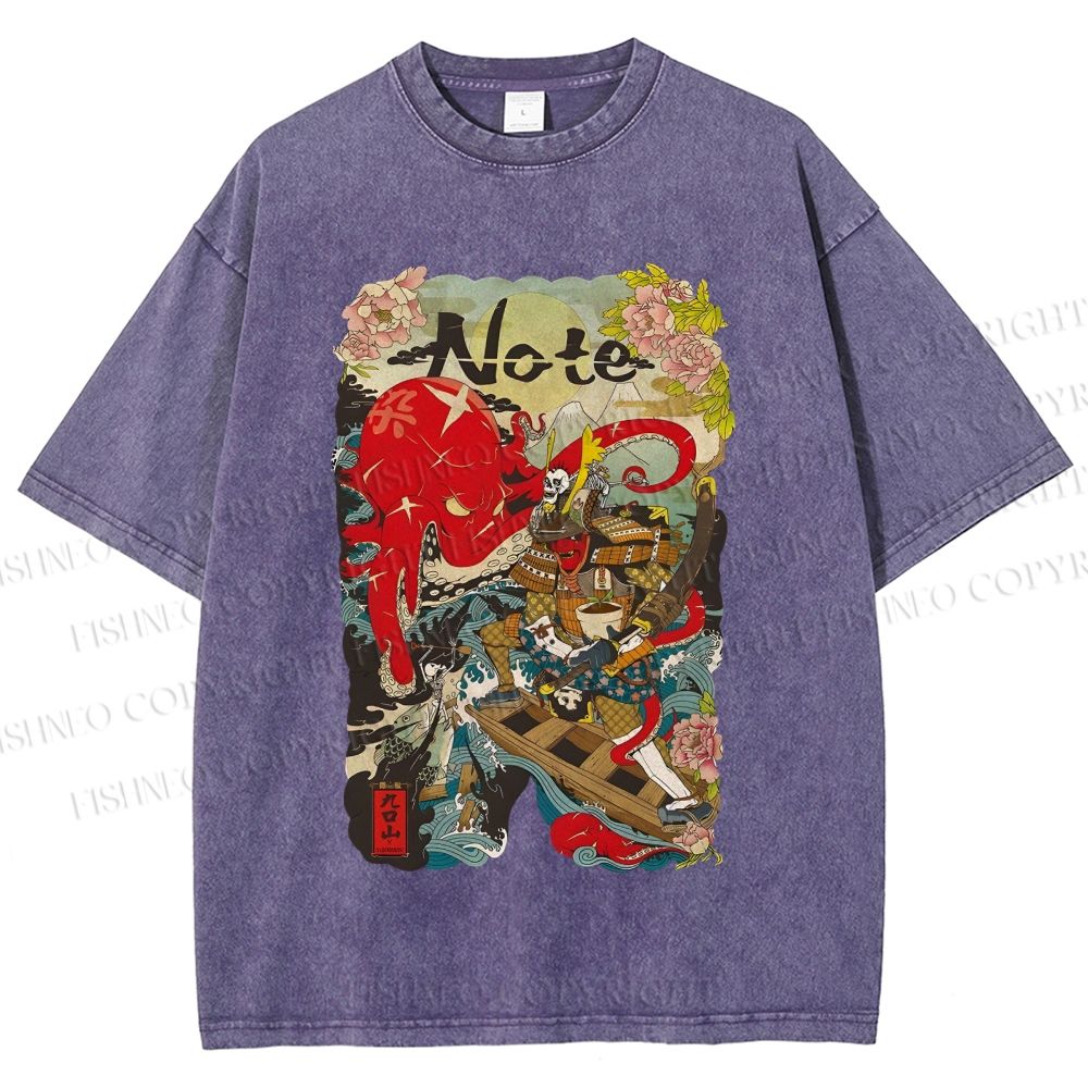Unisex Vintage Japanese Octopus Graffiti Printed Washed Tee